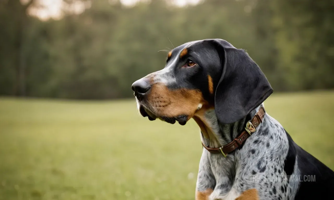 Close up side view of Bluetick Coonhound Dog enjoying outdoor